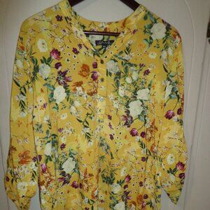 Charlie B Relaxed V-Neck Hi-Lo Tunic G/L Roll-Tab Sleeves Floral Yellow Multi